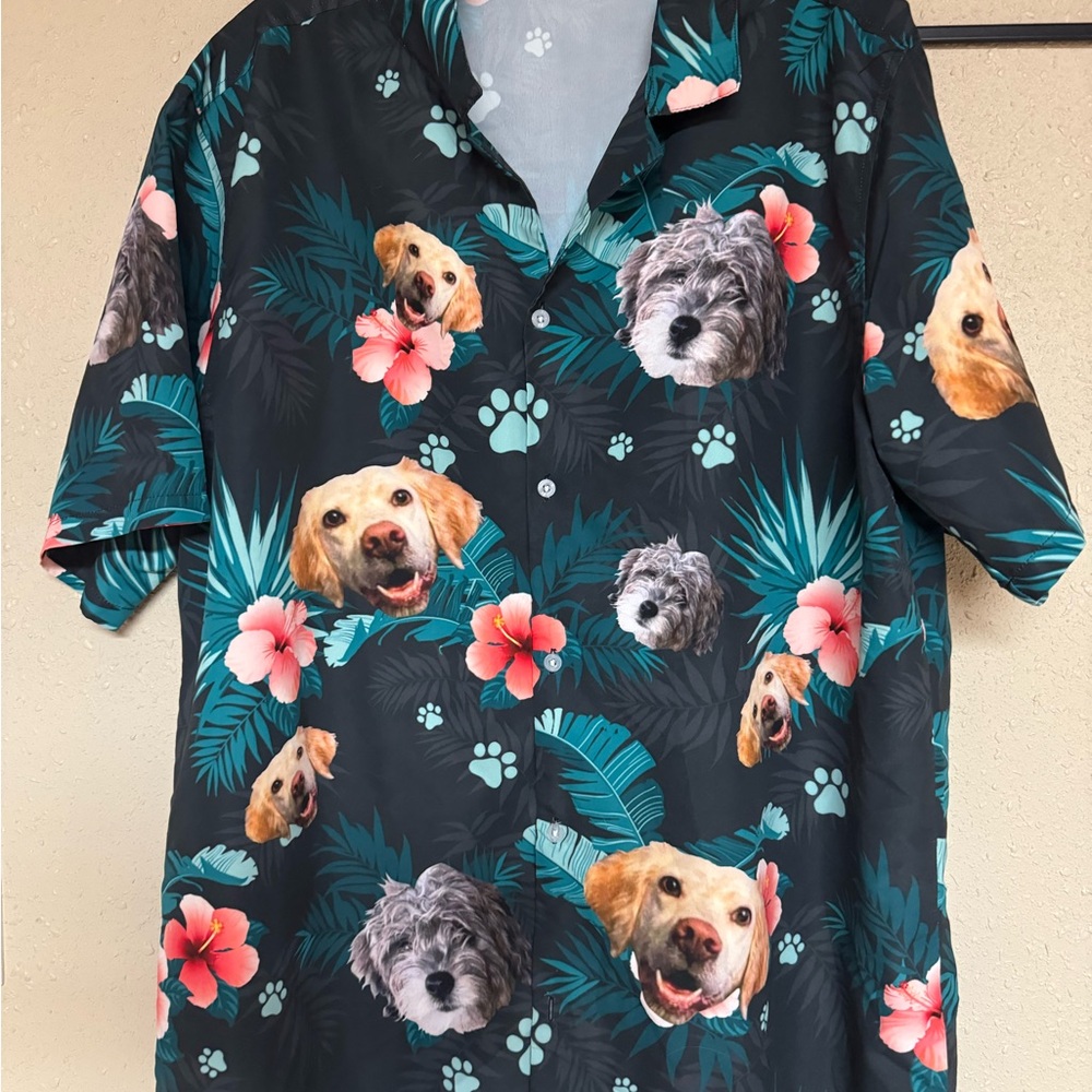 Source Unknown Black Tropical Dog Print Short Sleeve Button-Down Shirt